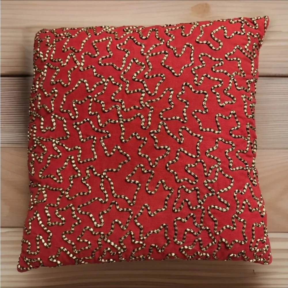 PIER 1 Pillow 15x15 Red Black Woven Black Tan Stripe Rope Piping Abstract Decor